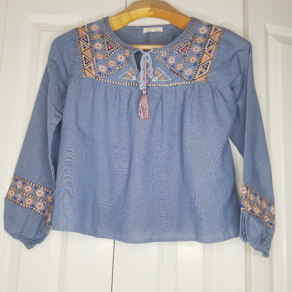 REBELLION Embroidered Boho Crop Top Blue S